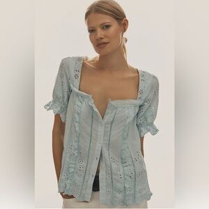 By Anthropologie Puff-Sleeve Eyelet Blouse Top Floral Ruffle Cotton XS